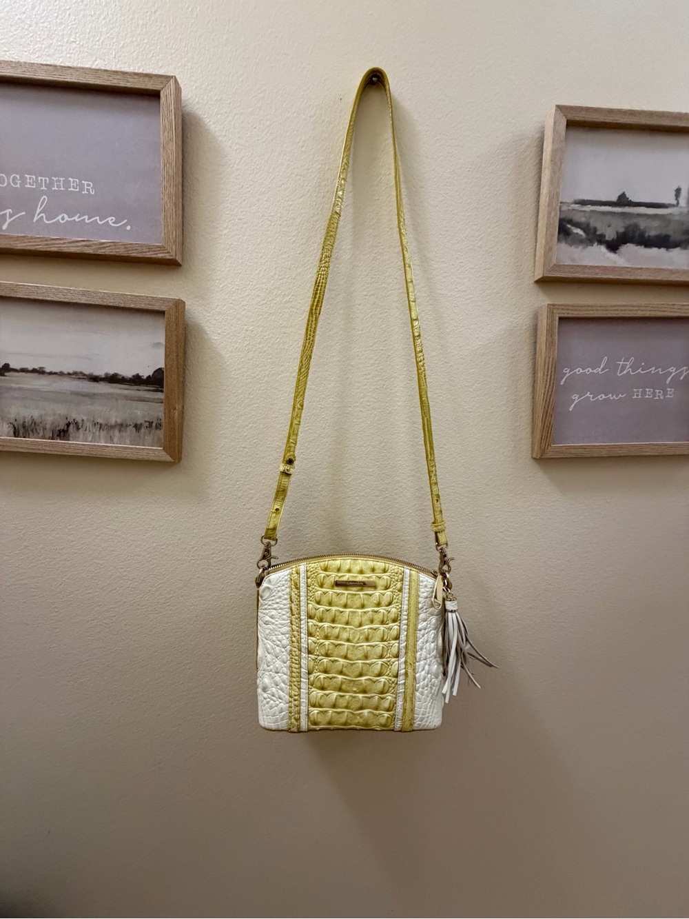 Brahmin Yellow and White Croc-Embossed Crossbody with Tassel